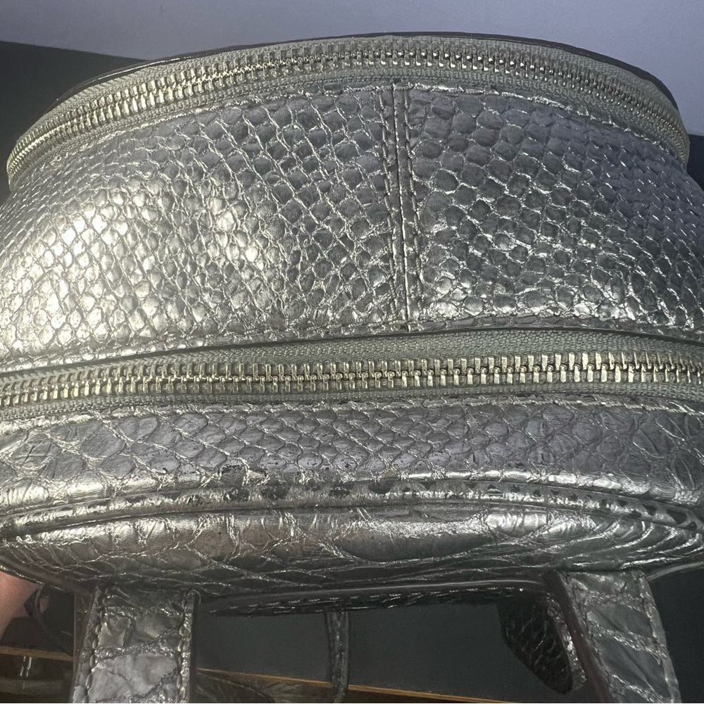 Michael Kors Rhea Silver Metallic Faux Snakeskin Python Embossed Backpack - Picture 8 of 17